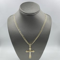 14KT YELLOW GOLD 24” DIAMOND-CUT CURB/CUBAN LINK CHAIN 5.5MM 19.3GR W/ 14KT YELLOW GOLD CRUCIFIX CHARM W/ CZS 6.8GR