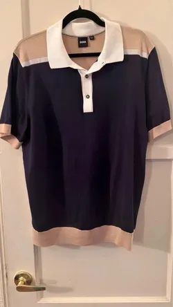 BOSS Hugo Boss Men's Fine Knit Colorblock Short Sleeve Polo Sweater Size Large