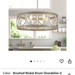 XINGQI 21.7'' Modern Farmhouse Chandelier, Drum Ceiling Light Fixture for Living Dining Room Over Table, 5 Lights Antique Wood Grain Brushed Nickel wi