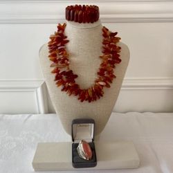 Magnificent Sterling and Stone Ring, Carnelian Stone Necklace, Stretchy Stone Bracelet