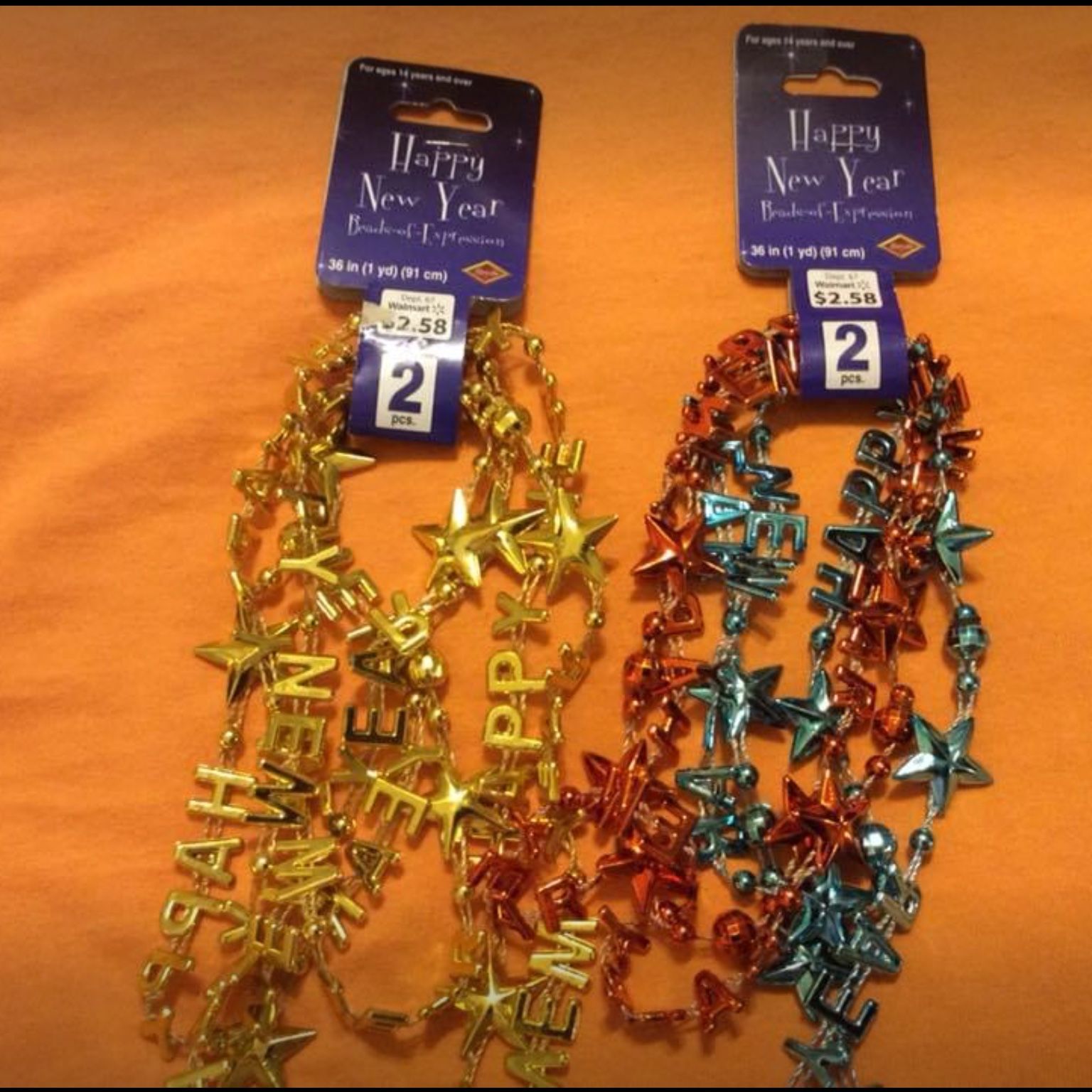 Happy New Year Necklaces, NEVER USED, 5 packs for $5.00 that will be 10 necklaces, Last meet day is 12/31 meet at exxon at 2428 E Lamar
