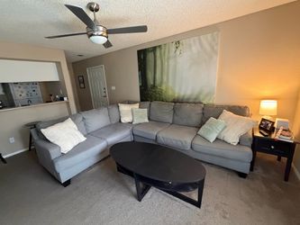 Large black oval coffee table with a lower shelf