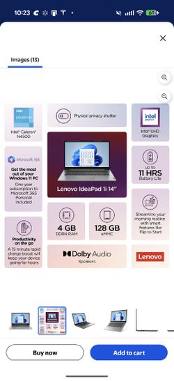 Lenovo ldeaPad 1i 14" Laptop. Intel Celeron N4500, 4GB,128GB eMMC