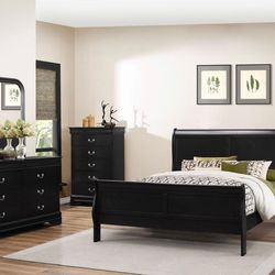 NEW QUEEN SIZE 4 PIECE BEDROOM FURNITURE, SET WITH QUEEN FRAME, DRESSER, MIRROR, NIGHTSTAND, AND FREE DELIVERY