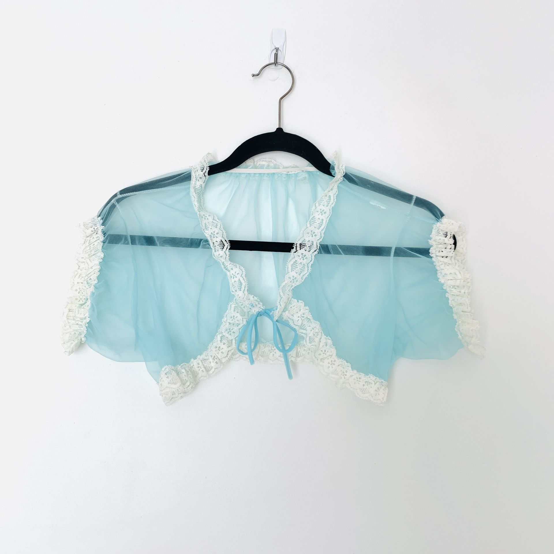 Vintage Sheer Blue Shrug With Lace Trim Halloween