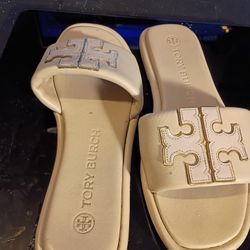 TORY BURCH DOUBLE T SPORT SLIDES SANDALS CREAM GOLD WOMEN'S SIZE 8.5