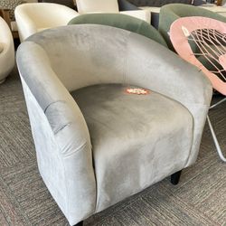 Living Room Chair, Velvet Accent Upholstered Barrel Sitting Chair with Armrest and Low Back for Bedroom, Grey, New