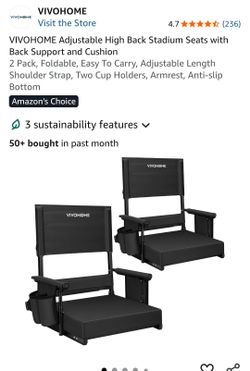 Adiustable High Back Stadium Seats with Back Support and Cushior 2 Pack, Foldable, Easy To Carry, Adjustable Length Shoulder Strap, Two Cup Holders, A