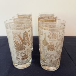 Vintage Hazel Atlas Colonial Gold Print Americana 12 Oz Drink Glasses MCM Set of 6