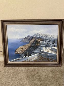 S SAM PARK ORIGINAL OIL ON CANVAS 1988 " SANTORINI GREECE 30x37"