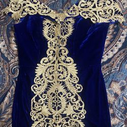 Royal Blue Moroccan Kaftan Formal Dress Mermaid Velour Gold Appliques Sleeveless Evening Dresses 