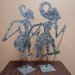 Vintage MCM 18" Indonesian Wayang Kulit Shadow Puppet Pair on Stands - Distressed Metallic Folk Art Decor (Rama Shinta / Warrior)