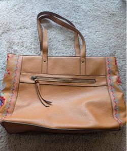 Tan Leather Tote Bag with Floral Embroidery