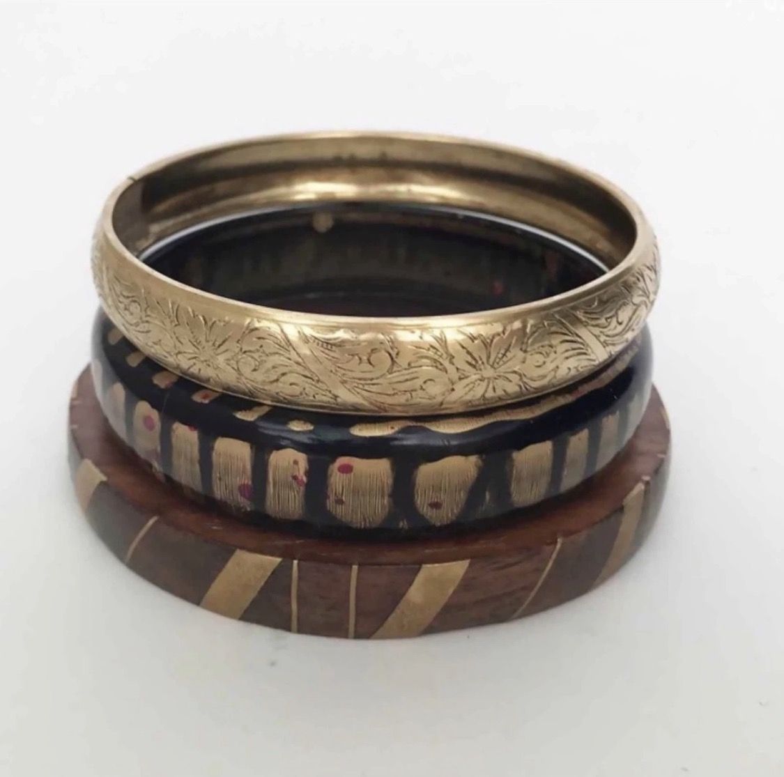 Set of 3 Vintage Bracelets - Etched Gold Tone, Wood & Black