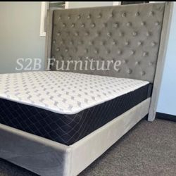 Queen Grey Velvet Bed With Ortho Mattress Included 