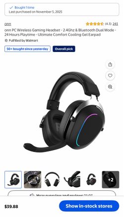 onn PC Wireless Gaming Headset - 2.4Ghz & Bluetooth Dual Mode - 24 Hours Playtime - Ultimate Comfort Cooling Gel Earpad