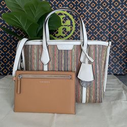 New✨tory burch perry raffia stripe triple compartment small tote 148574
