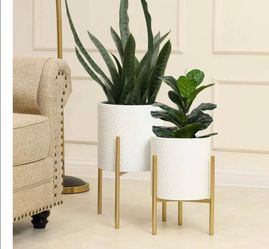 White Planters with Gold Metal Stands Set of 2