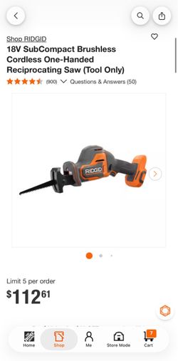 Subcompact Brushless Ridgid Reciprocating Saw