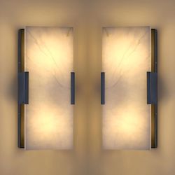 Doraimi Lighting 2 Pack 2 Light 12" Natural Square Alabaster Marble Bathroom Wall Sconce Modern Concise Style Wall Light Fixture,Black Finish for Bedr