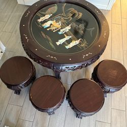 Vintage Chinese Mahjong Table with 4 Stools – Carved Wood