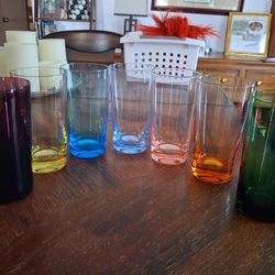 Set of vintage or mid-century modern colored drinking glasses. 