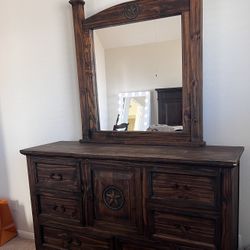 Rustic Wood Drawer & Mirror Set
