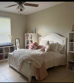 White full Bed Frame with Arched Headboard mattress and nightstand
