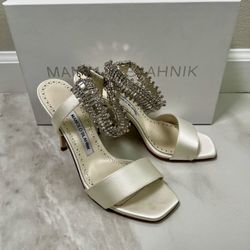 Manolo Blahnik Parinasan White w/ Crystal Embellished Ankle