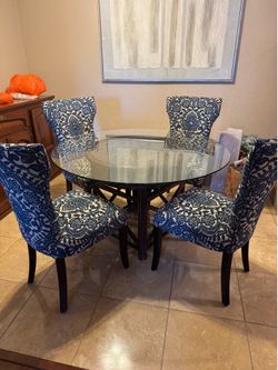 Pier 1 Carmilla Blue Damask Dining Set – 4 Chairs + 48” Round Glass Table