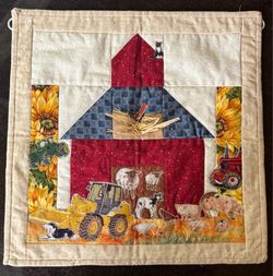 Handmade Farm-Themed Quilted Wall Hanging 14”x14”