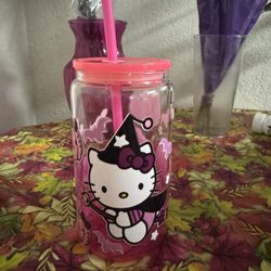 Hello Kitty Halloween Witch Pink Glass Cup 