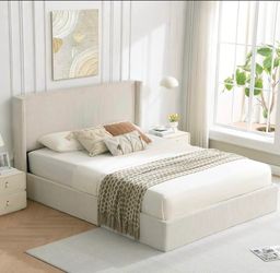 Full Size Corduroy Upholstered Wingback Bed with Hydraulic Storage