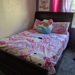 Dark Brown Oak Wood Queen Bed Frame 