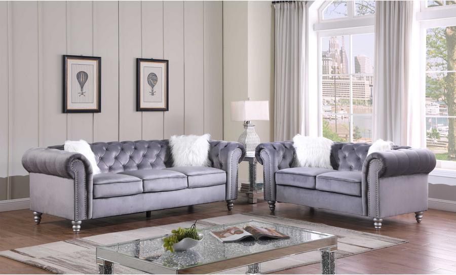 Grey Velvet Tufted Sofa & Loveseat $899