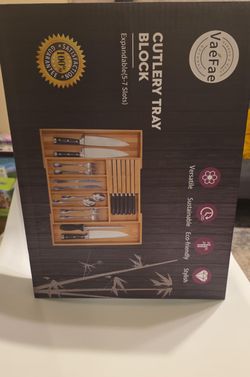 NEW Bamboo Expandable Cutlery Drawer Organizer with Knife Block