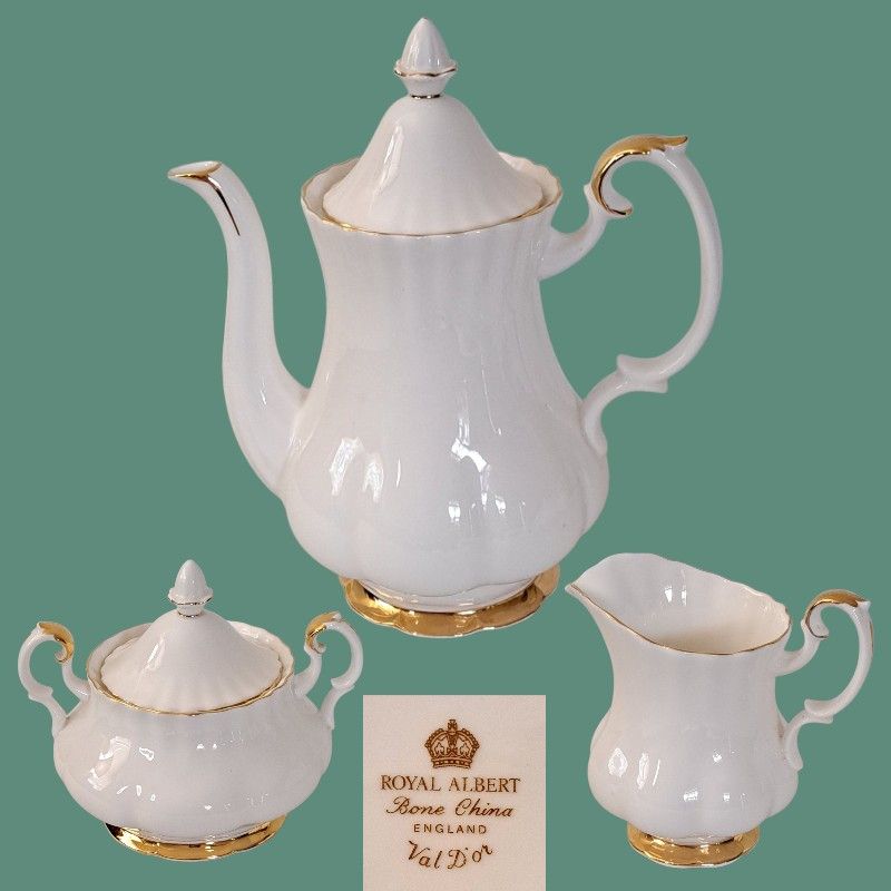 Vintage Royal Albert Val D'Or Bone China Tea Set Teapot Sugar/ Creamer Gold Trim