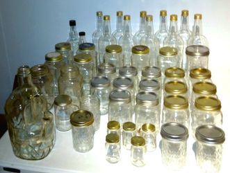 Assorted Mason Jars And Wine Bottles 