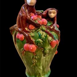 HUGE VINTAGE MAJOLICA VASE APPLIED MONKEYS & PEACHES GREEN MATTE GLAZE VASE 15.5"