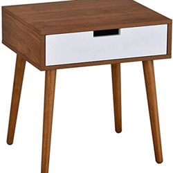 Light Walnut/White Side End Table Nightstand with Drawer 22.5" H