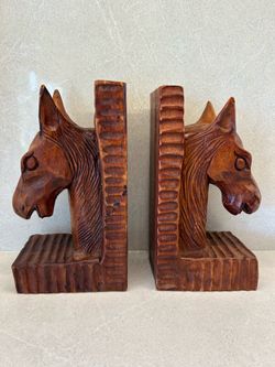 Vintage wood hand carved horse bookends.