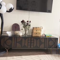 Modern Mid-Century TV Stand / Credenza – Dark Wood with Gold Legs