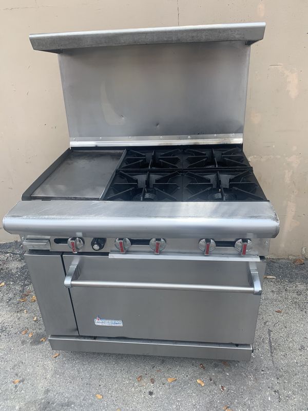 USED AMERICAN RANGE 36” STOVE 4 BURNERS 12” FLAT GRILL and oven