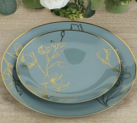 Set of 20 Dusty Blue Plastic Party Plates With Metallic Gold Floral Design, Disposable Round Dinner and Dessert Plates - 8",10"