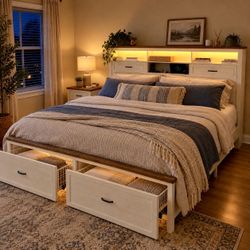 🔥 Luxury King Bed Frame – LED Lights, Charging Station & 4 Storage Drawers – Brand New