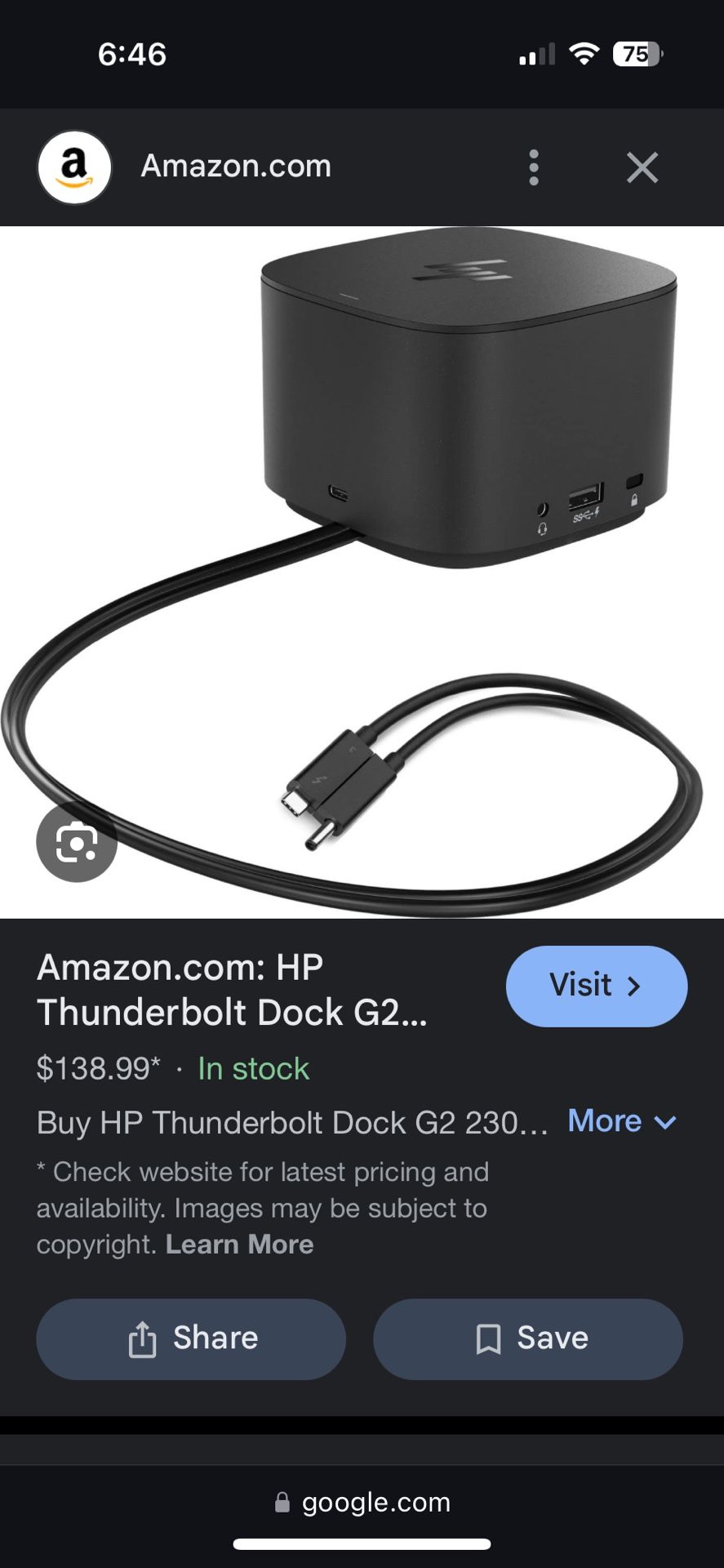 HP 3TR87AA-ABA TB Dock G2 with Combo Cable