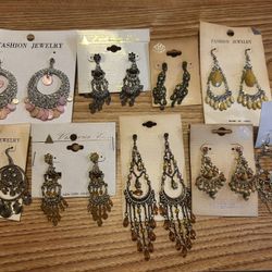 Large jewelry lot brand new earrings, lot of nine BoHo, bohemian style rhinestone, bling glitter