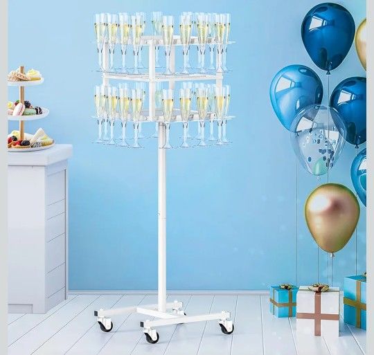 Champagne Wall Holder for Party, 2 Tier White Modern Premium Clear Acrylic Champagne Stand Hold 32 Glasses and 9 Champagne with Swivel Casters 