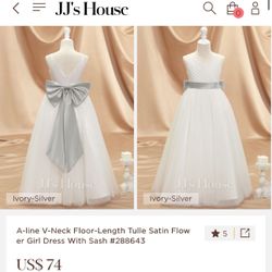 Girls Wedding Flower Girl Dress Size 5 White JJ’s House Formal Grey Sash Bow