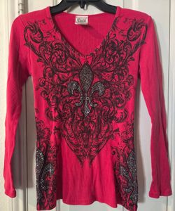 Vocal Apparel womens crystal embellished cherry red black taupe fleur de lis 
size M  y2k biker